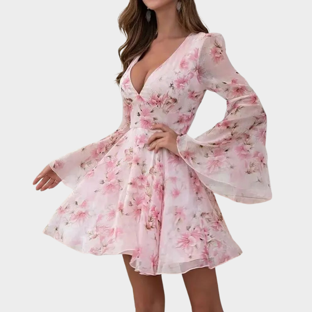 Women's Deep V-Neck Flared Sleeve Dress – Tight Waist – Elegant Fit – Pink