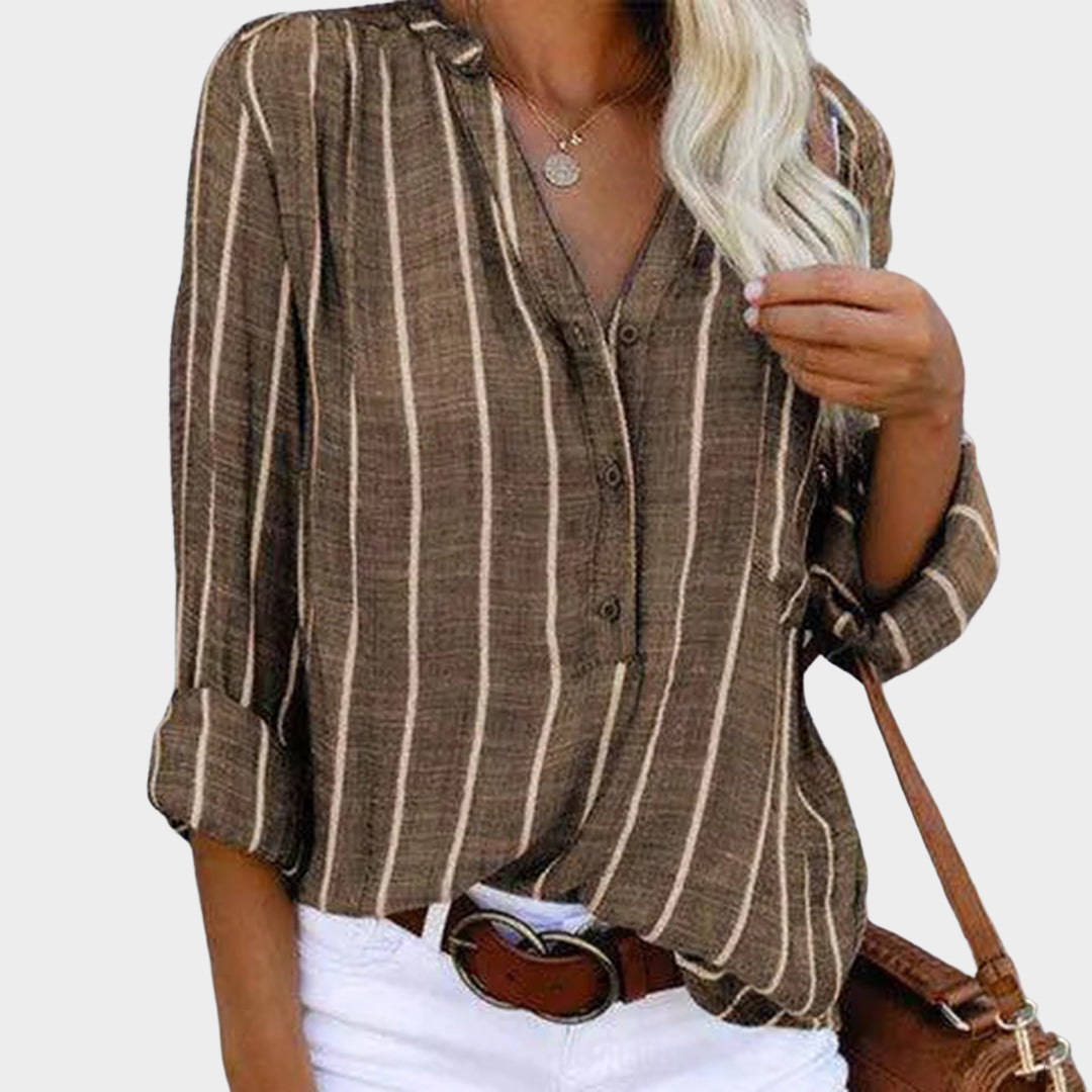 Women's Striped Shirt – Long Sleeve – Button-Up – Classic Collar – Chic & Elegant Cotton Blouse – Multiple Colours