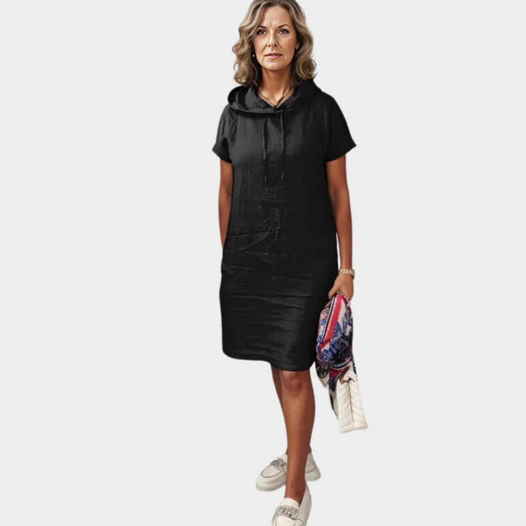 Women's Knee-Length Hooded Dress – Casual Style with Pockets