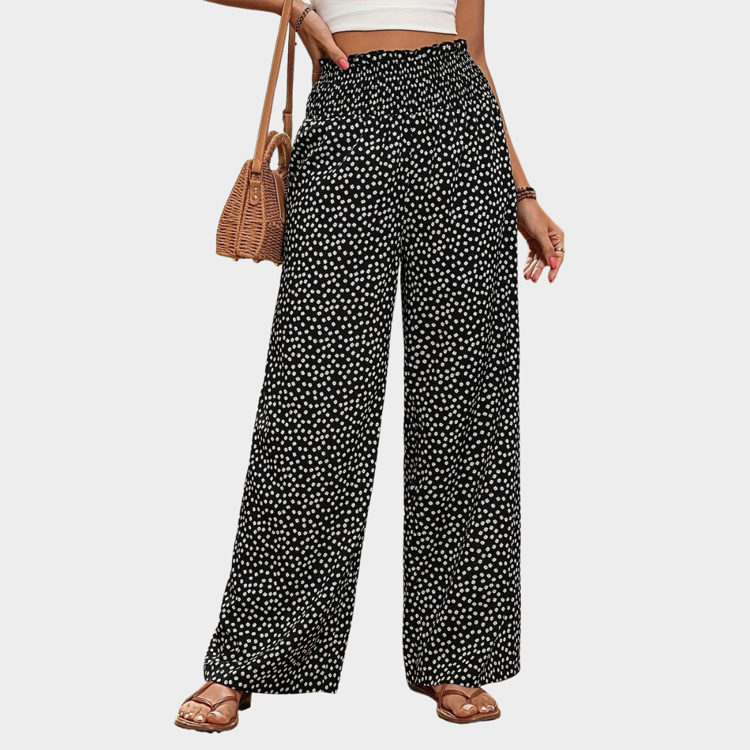 Women’s Wide-Leg Trousers – High Waist Fit – Slightly Flared – Elastic Waist – Floral Pattern – Lightweight Drape – Multiple Colours