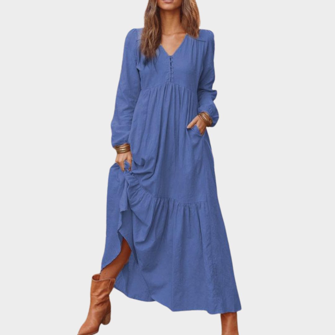 Women's Cotton and Linen Vintage Long Dress – V-Neck Maxi - Casual Loose Fit - Multiple Colors