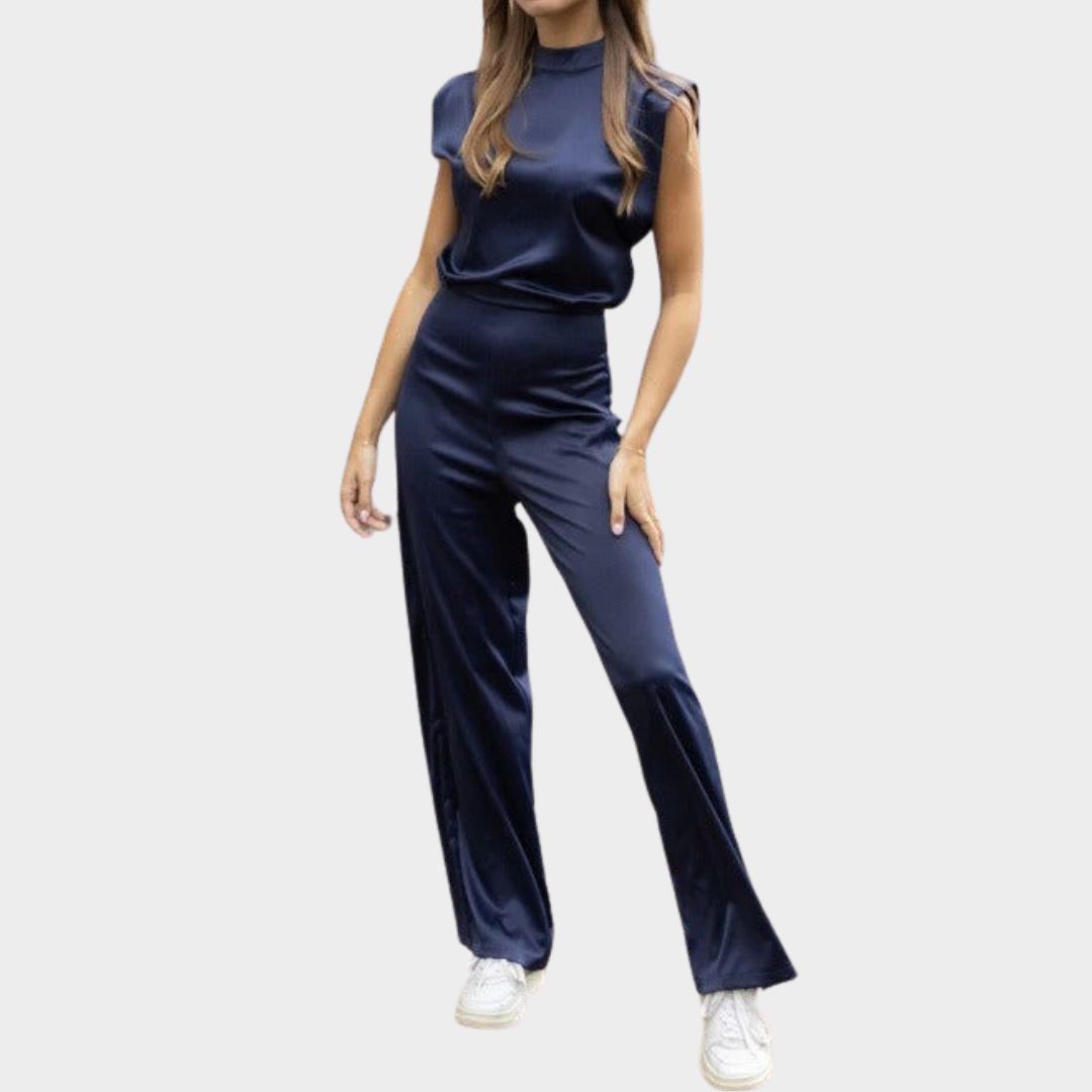 Women Jumpsuit – Round Neck Sleeveless Satin Shirt Style with Backless Hollow Trouser Design – Multiple Colours