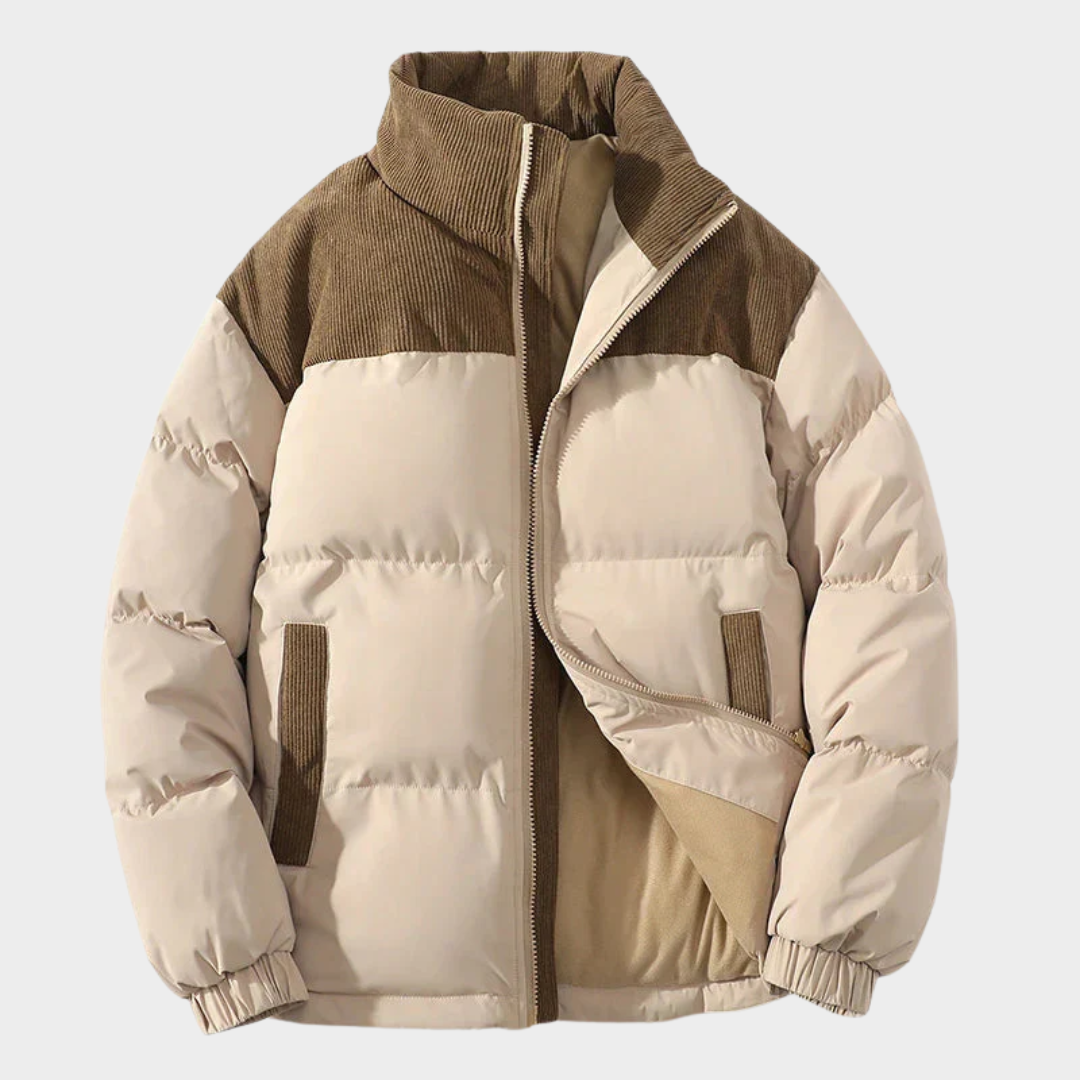 Men’s Puffer Jacket – Quilted Relaxed Fit Coat with Corduroy Yoke and Zip Front – Multiple Colours