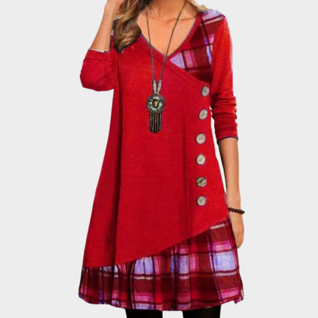 Women’s V-Neck Long Sleeve Dress – Checkered Patchwork Design – Button Front Irregular Hem – Comfortable Relaxed Fit – Soft Fabric – Multiple Colours