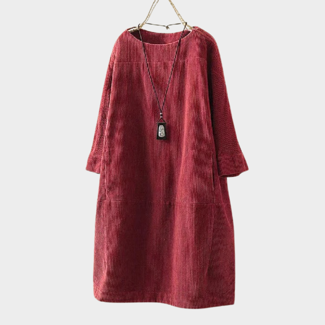 Women Retro Corduroy Dress – Loose Fit Long Sleeve with Round Neck – Solid Colour Vintage Style Comfortable Elegance – Multiple Colours