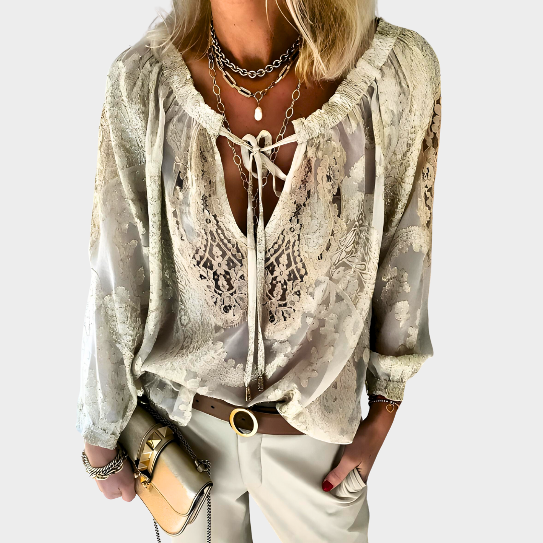 Women’s Boho Lace Blouse – Deep V-Neck Pullover Top – Hollow Out Detail – Relaxed Fit – Lightweight Fabric – Multiple Colours