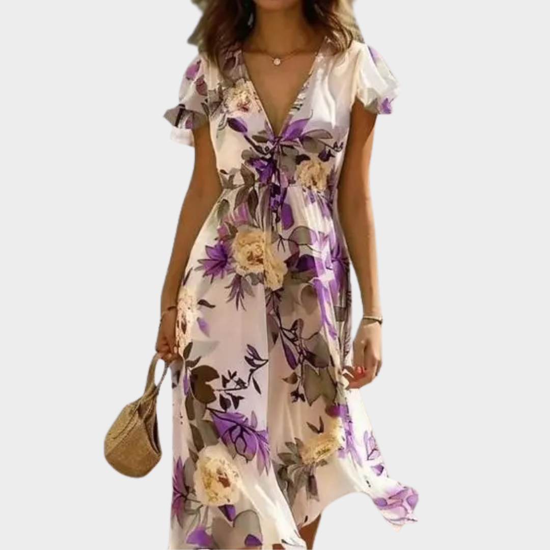 Women’s Floral Print Midi Dress – Elegant V-Neck Lace-Up Party Dress – Short Sleeve Bohemian Style – Lightweight Polyester – Multiple Colours