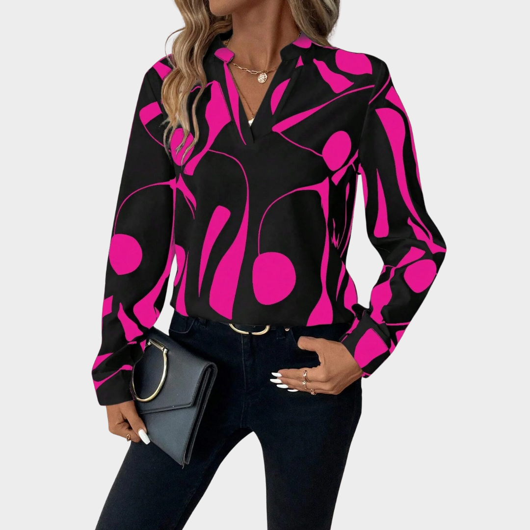 Women’s Relaxed Fit Blouse – V-Neck Abstract Print – Long Sleeve Luxury Fabric – Multiple Colours