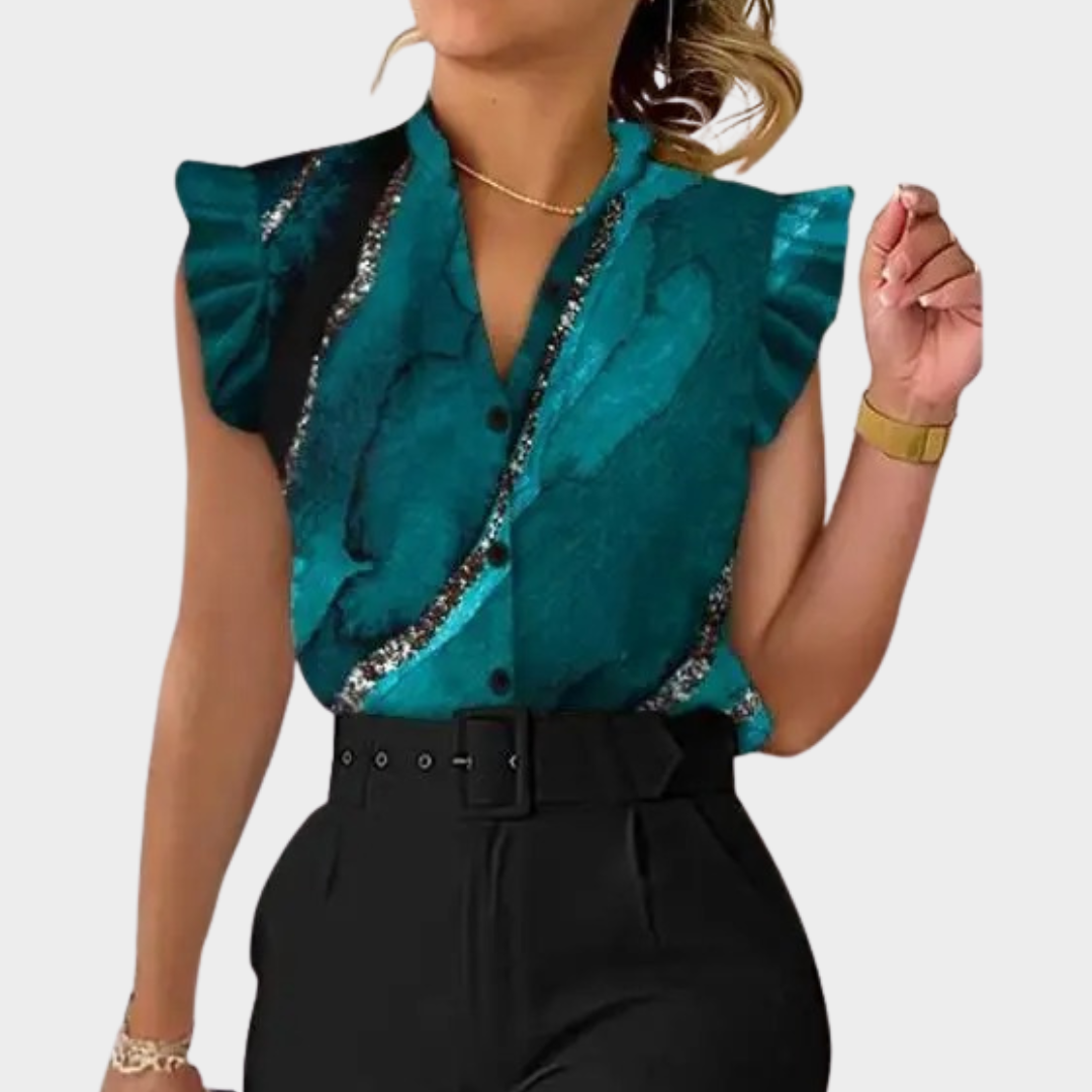 Women V Neck Printed Blouse – Button Front Petal Sleeve Casual Fit Lightweight Top – Multiple Colours