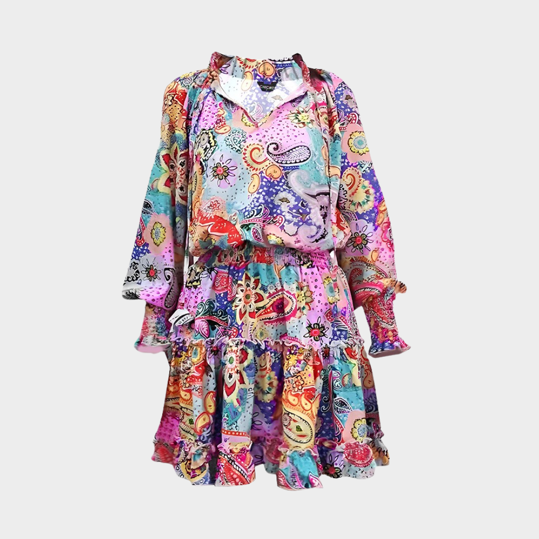Women's A-Line Ruffled Leopard Print Dress – Long Sleeve – High Waist – Deep V-Neck – Multicolour Pink