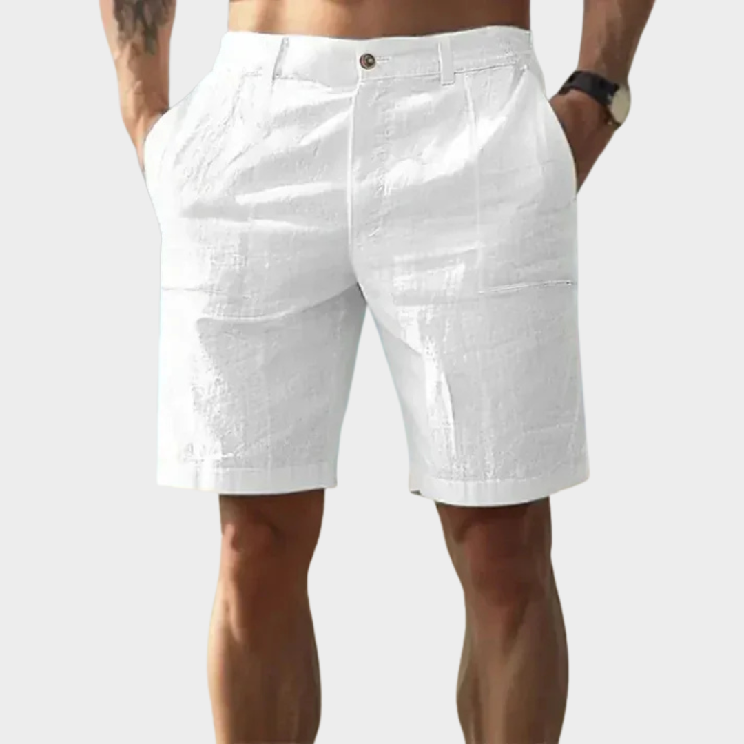 Men Linen Shorts – Stand Pocket Button Fly – Relaxed Fit – Solid Colour – Lightweight Fabric – Multiple Colours