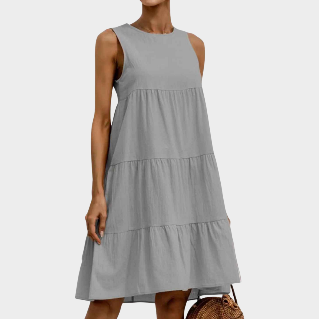 Women Sleeveless Midi Dress – Cotton Linen Loose Fit with Round Neck and Patchwork Design – Multiple Colours