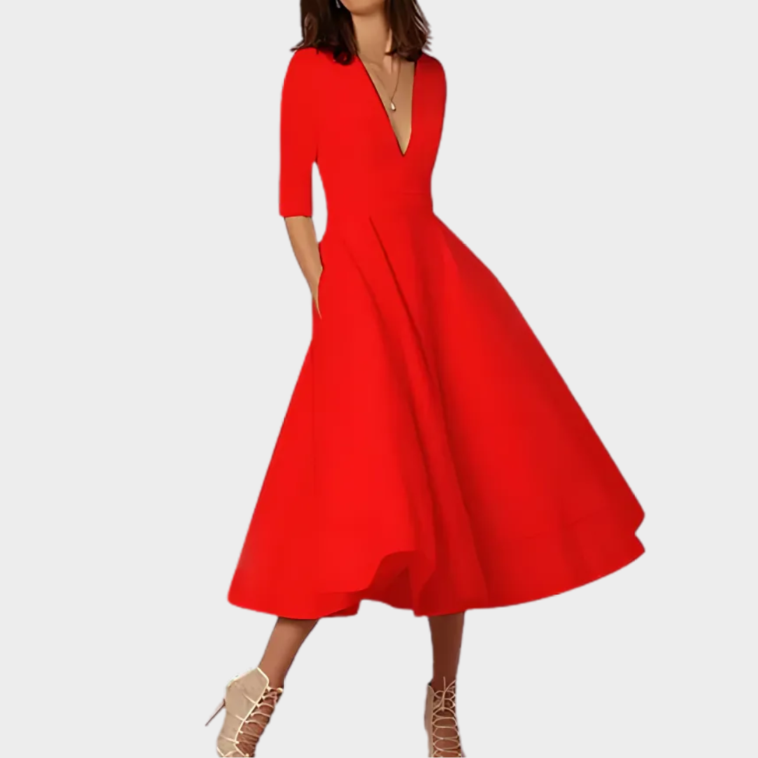 Women's Long V-Neck Slit Dress – Short Sleeve – Solid Colour – Elegant Fit – Lightweight Soft Fabric – Multiple Colours
