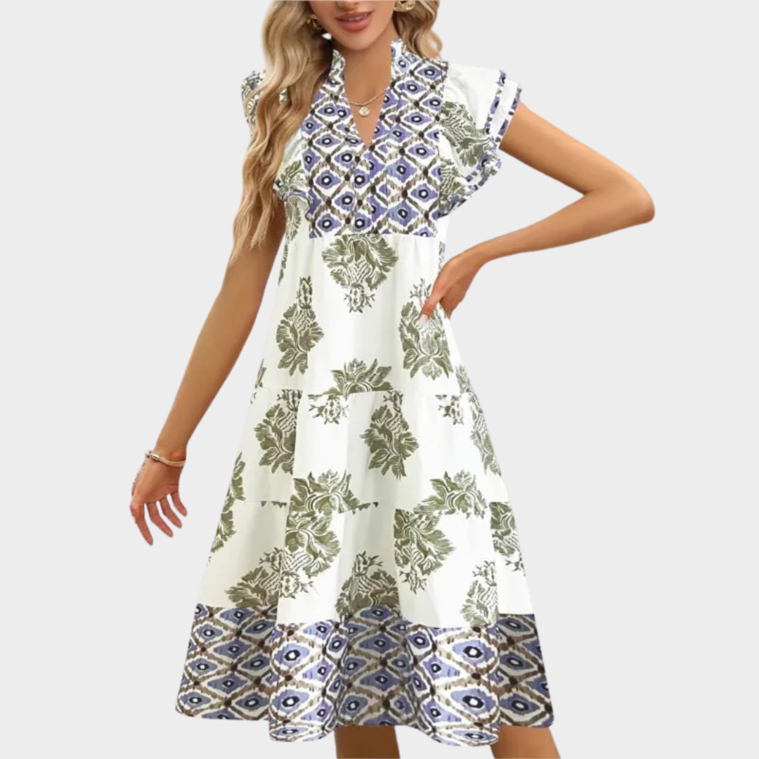 Women Ruffled Dress – Printed Lantern Sleeve – Irregular Hem – Casual Fit – Multiple Colours