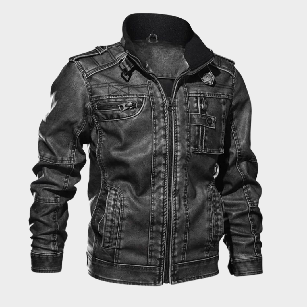 Men's Leather Biker Jacket – Vintage PU Motorcycle Coat – Stand Collar – Thick Durable Outerwear – Black