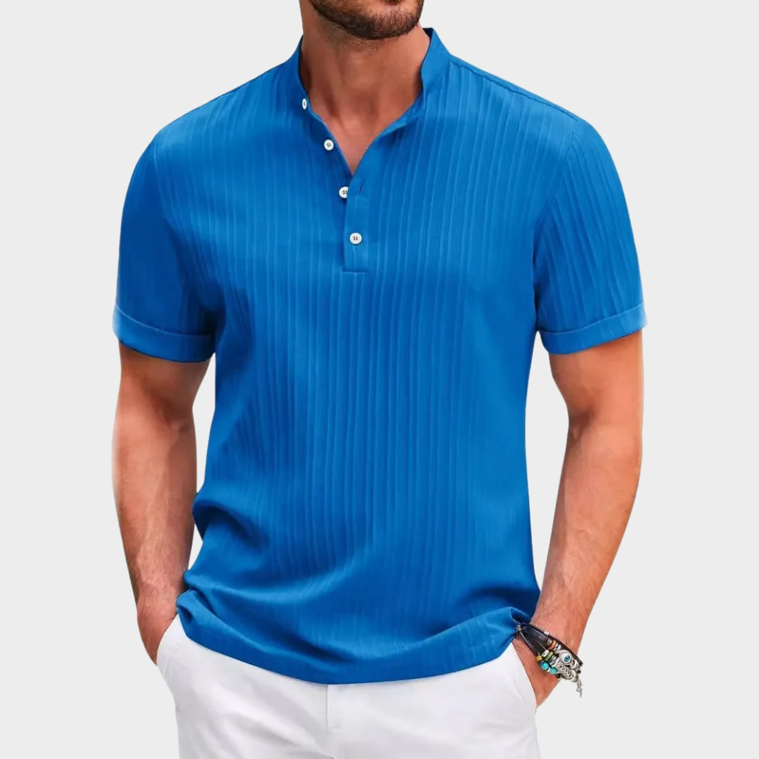 Men's Striped Henley Shirt - Cotton & Linen Blend - Short Sleeve - Breathable & Stylish - Multiple Colours