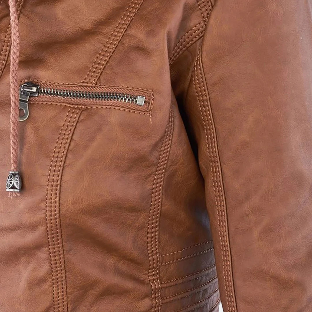 Women’s Faux Leather Jacket – Motorcycle Style – Zip Closure – Hooded Design – Multiple Colours