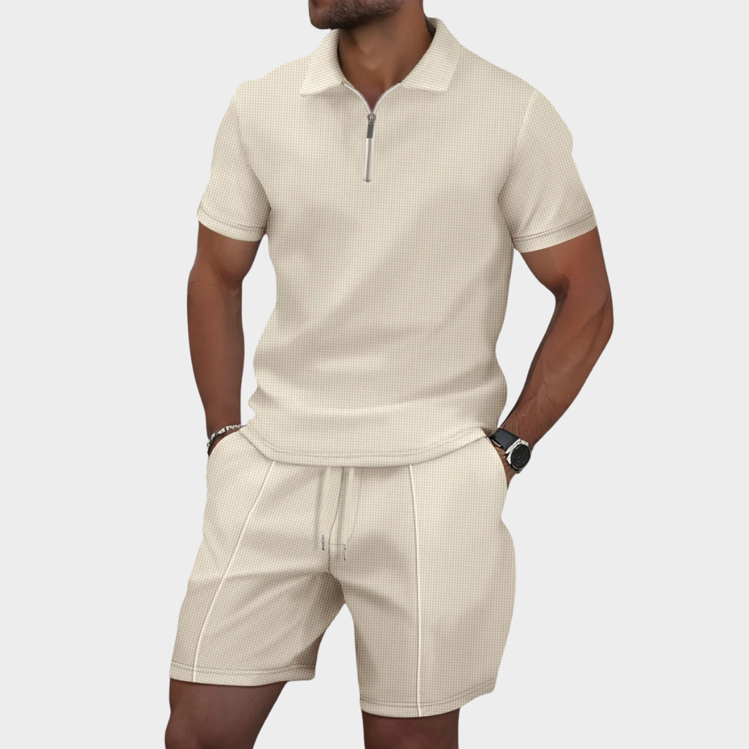 Men’s Waffle Knit Polo & Shorts Set – Short Sleeve Lapel Casual Two-Piece – Lightweight Breathable Fabric – Multiple Colours
