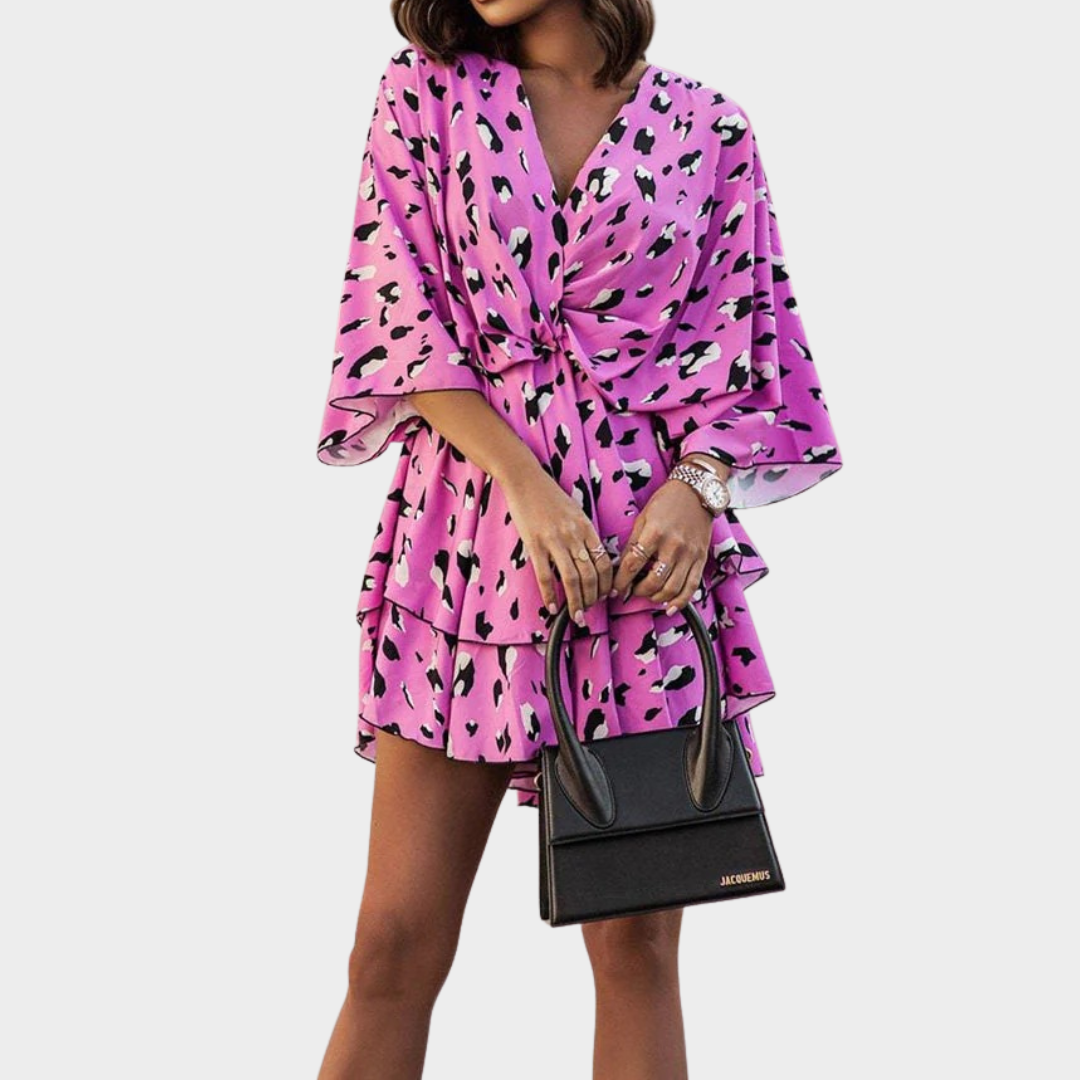 Women’s A-Line Mini Dress – Relaxed Fit – V-Neck – Bat Sleeve – Printed – Ruffle Hem – Multiple Colours