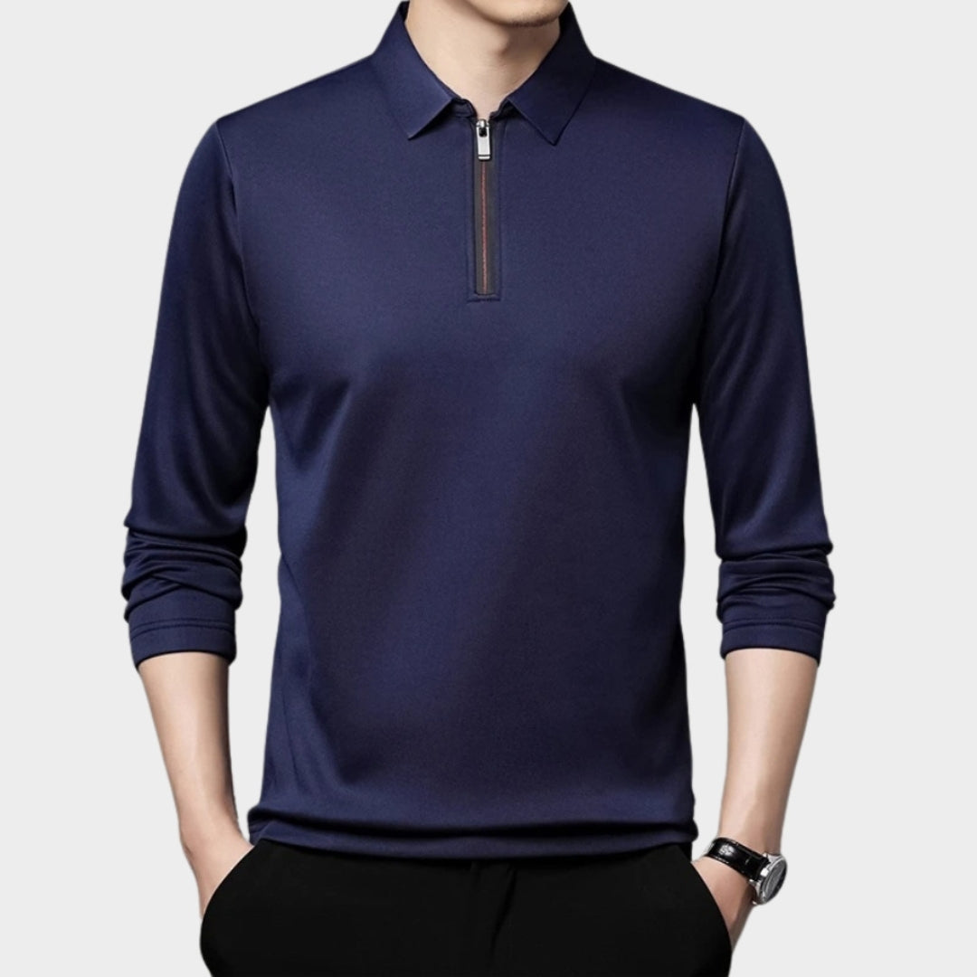 Men's Long Sleeve Polo Shirt - Solid Color Zipper Polo Neck Top, Navy Blue, Black, Blue, and More