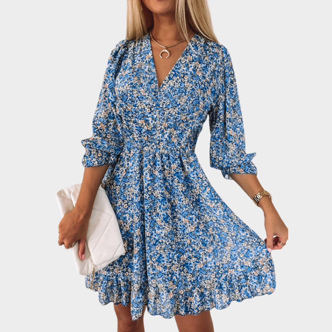 Women’s Floral Print V-Neck Dress – Short Sleeve A-Line Pullover Dress – Elegant Fit – Multiple Colours