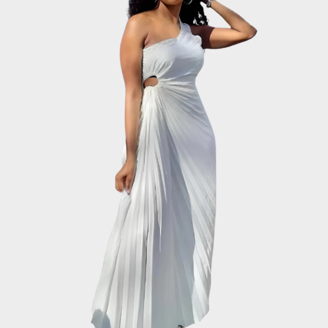 Women's A-Line Maxi Dress – One Shoulder – Sleeveless – Pleated Ruched Waist – Soft Draped Fit – Multiple Colours