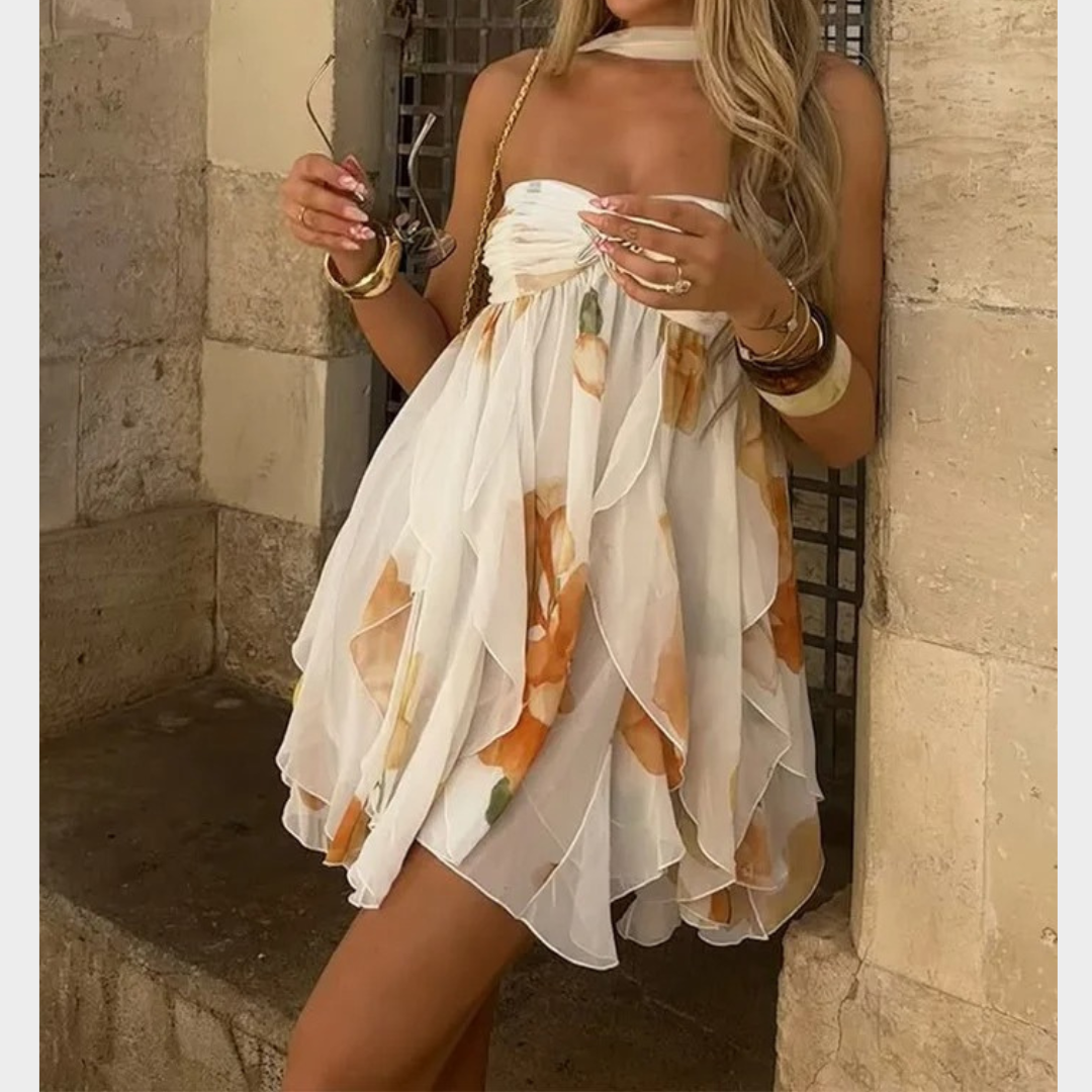 Women’s Halter Neck Printed Mini Dress – Ruffled A-Line High Waist Silhouette – White