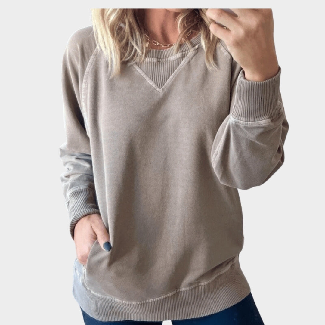 Women’s O-neck Sweater Shirt - Solid Color Long Sleeve Pocket Top, Casual Loose Fit, Apricot, Black Ash, and More