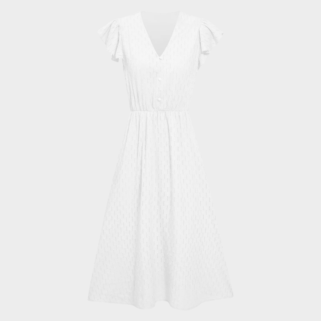 Women’s V-Neck Buttoned Midi Dress – Elegant Flutter Short Sleeve Fit with Solid Colour Design – Soft Lightweight Fabric – Multiple Colours