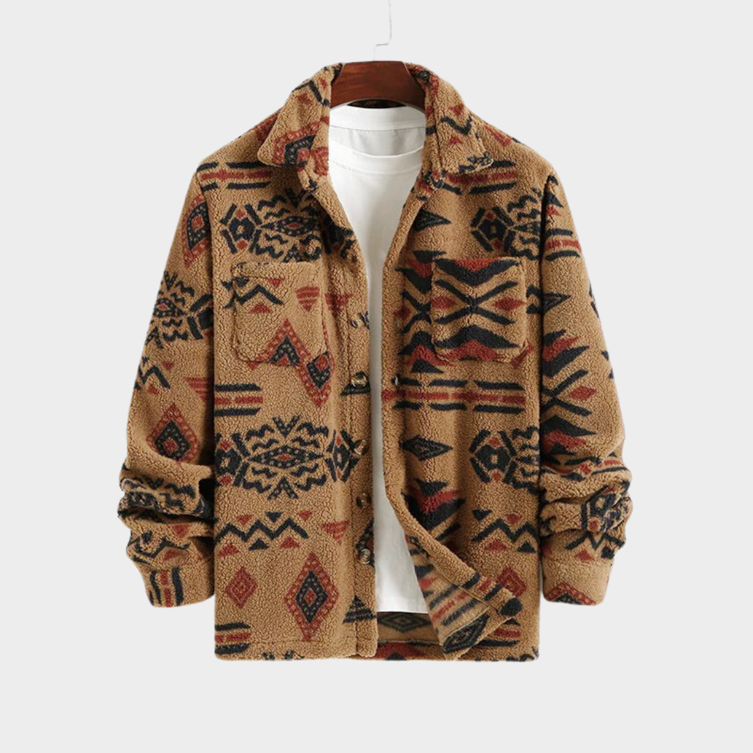 Men's Retro Fleece Jacket – Ethnic Style – Lapel Collar – Warm & Comfortable – Unique Design – Coffee