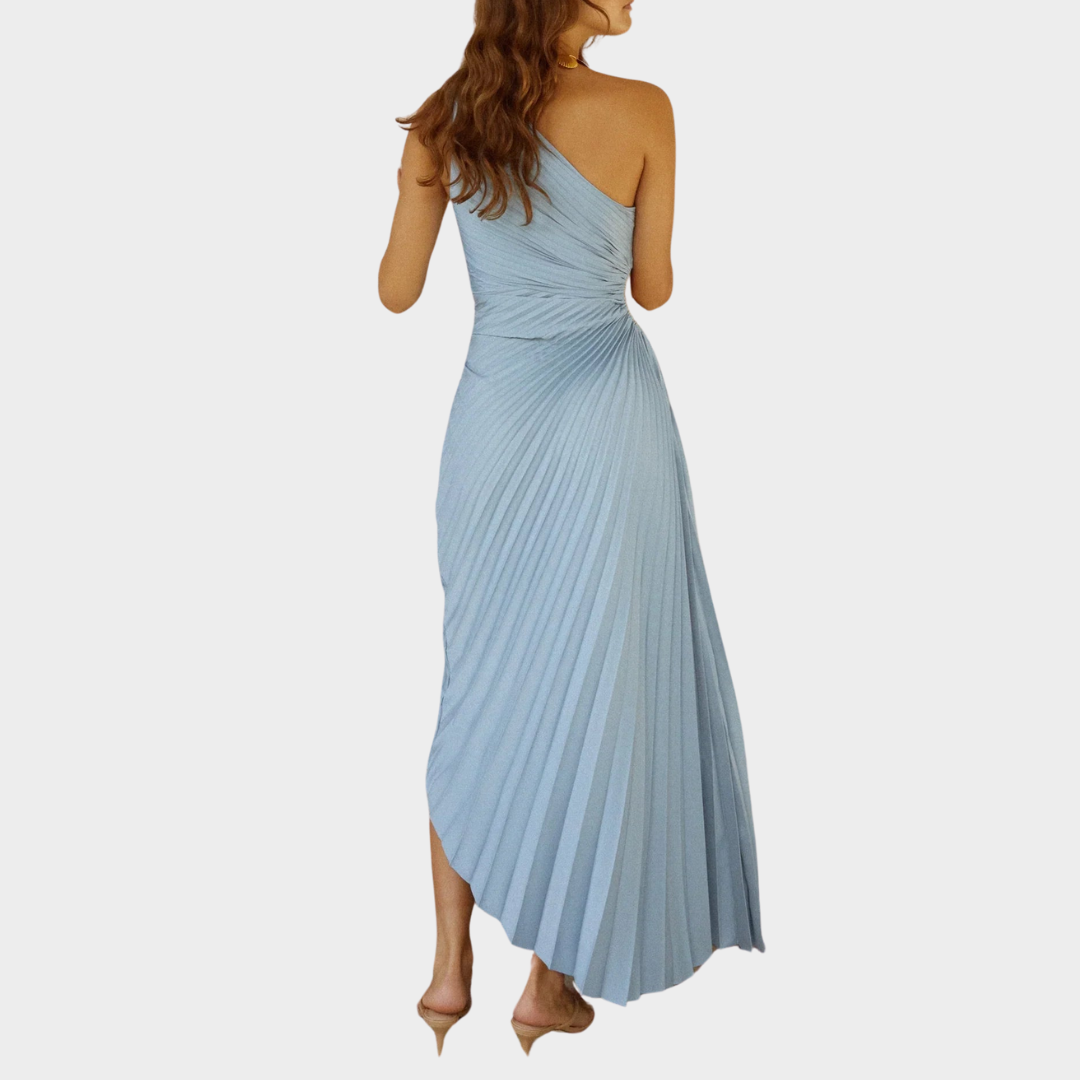 Women's One-Shoulder Satin Gown – Pleated Design – Elegant Evening Dress – Blue