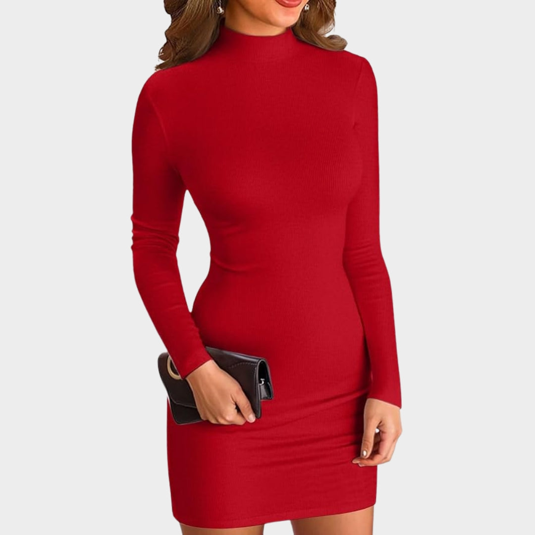 Women's Long-Sleeve Bodycon Dress - Mock Neck - Ribbed Knit - Slim Fit - Mini Pencil Dress - Multiple Colours