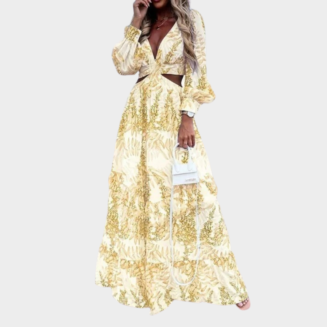 Women’s Printed V-Neck Long Sleeve Dress – Elegant Lightweight Fit with All-Over Pattern – Casual Beachwear Style – Multiple Colours