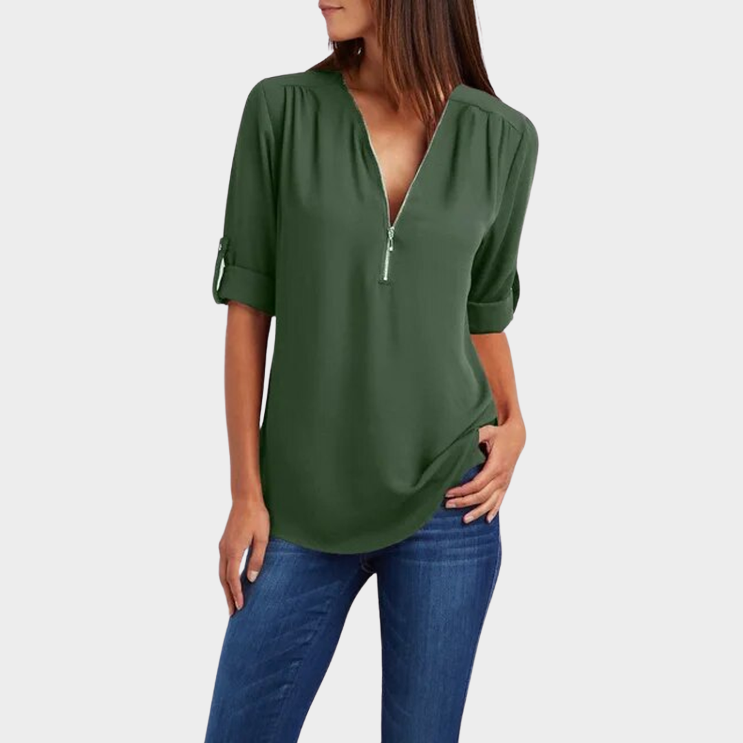 Women's V-Neck Chiffon Blouse – Half Sleeve – Zipper Front – Casual Office Shirt – Multiple Colours