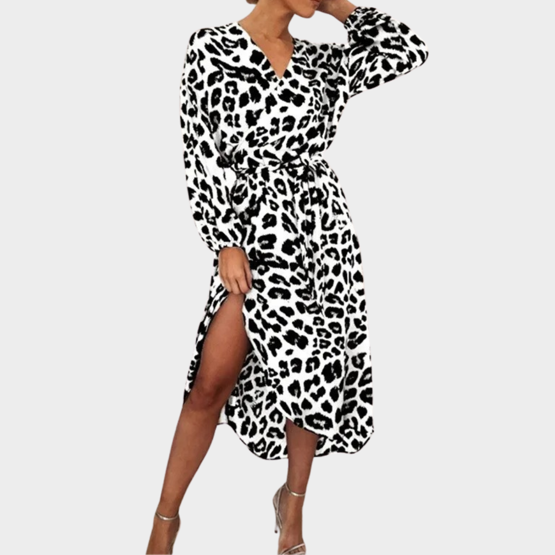 Women's Long Sleeve Midi Dress – Slim Fit – Side Split – Leopard Print with Spliced Fold Detail – Multiple Colours