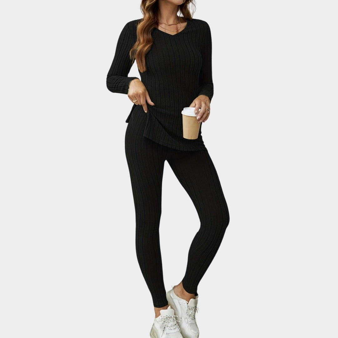 Women's Ribbed Two-Piece Set - Long Sleeve Round Neck Top & Leggings - Casual & Comfortable - Multiple Colours
