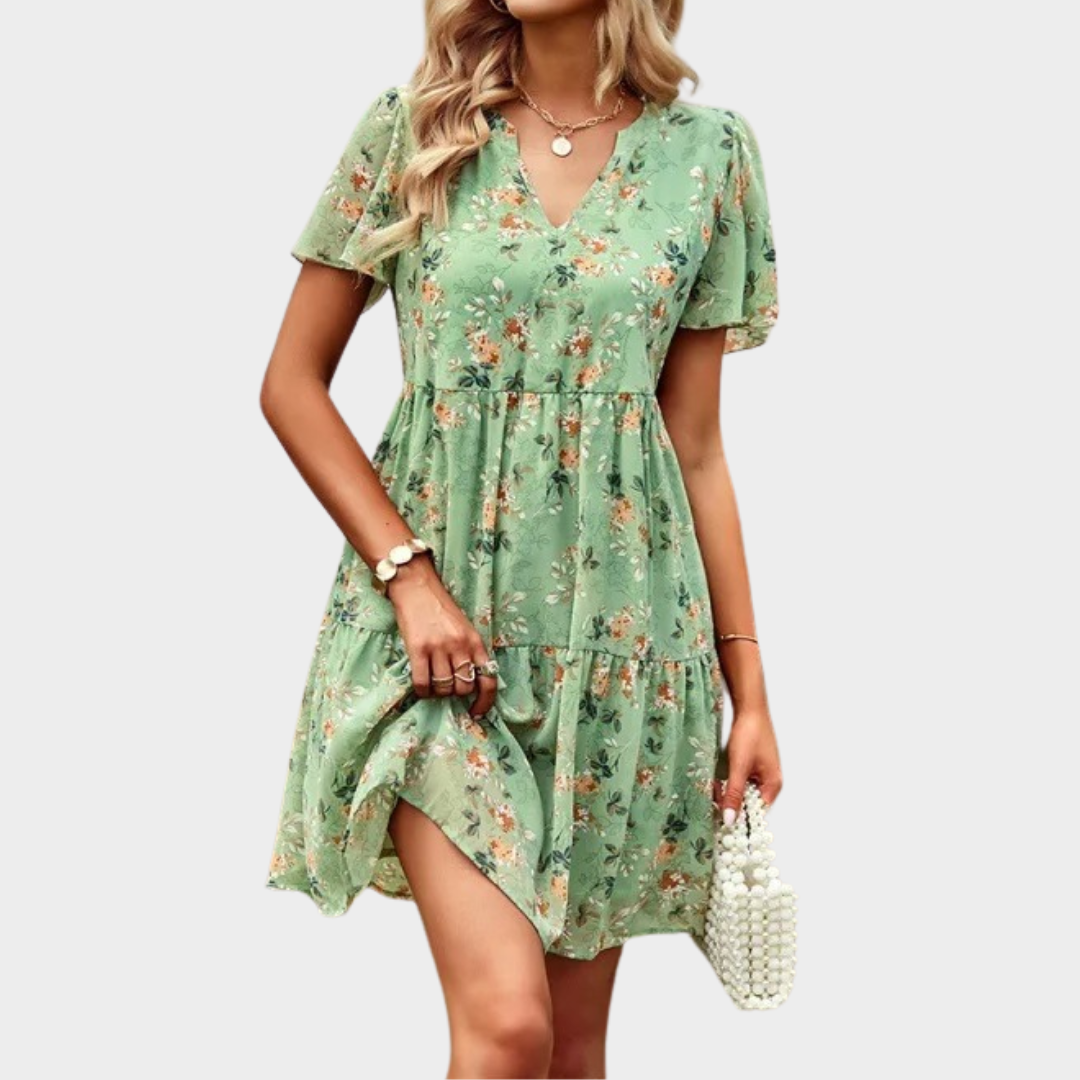 Women's V-Neck Floral Mini Dress – Short Sleeve – Chiffon Girding Fit – Lightweight Print – Multiple Colours