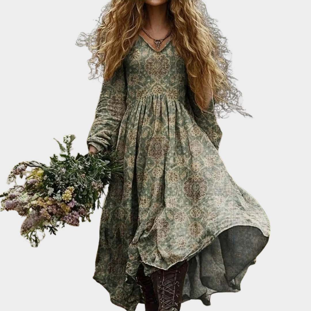 Women’s V-Neck A-Line Dress – Long Sleeve Pullover with Ethnic Vintage Print – Loose Fit Party Style – Soft Lightweight Fabric – Multiple Colours