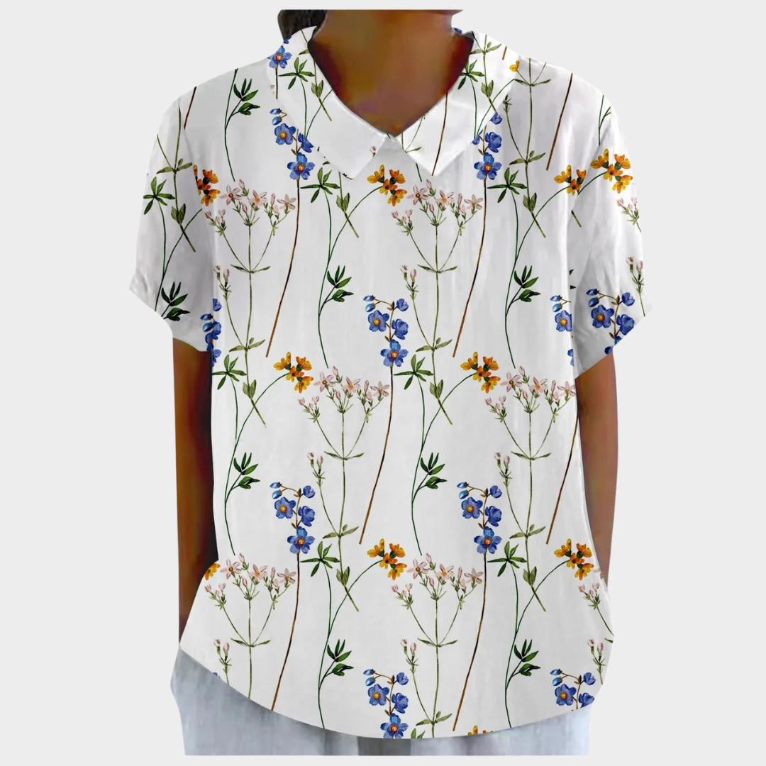 Women’s Floral Doll Collar Blouse – Loose Fit Short Sleeve Cotton-Linen Top – Vintage Style – Multiple Colours