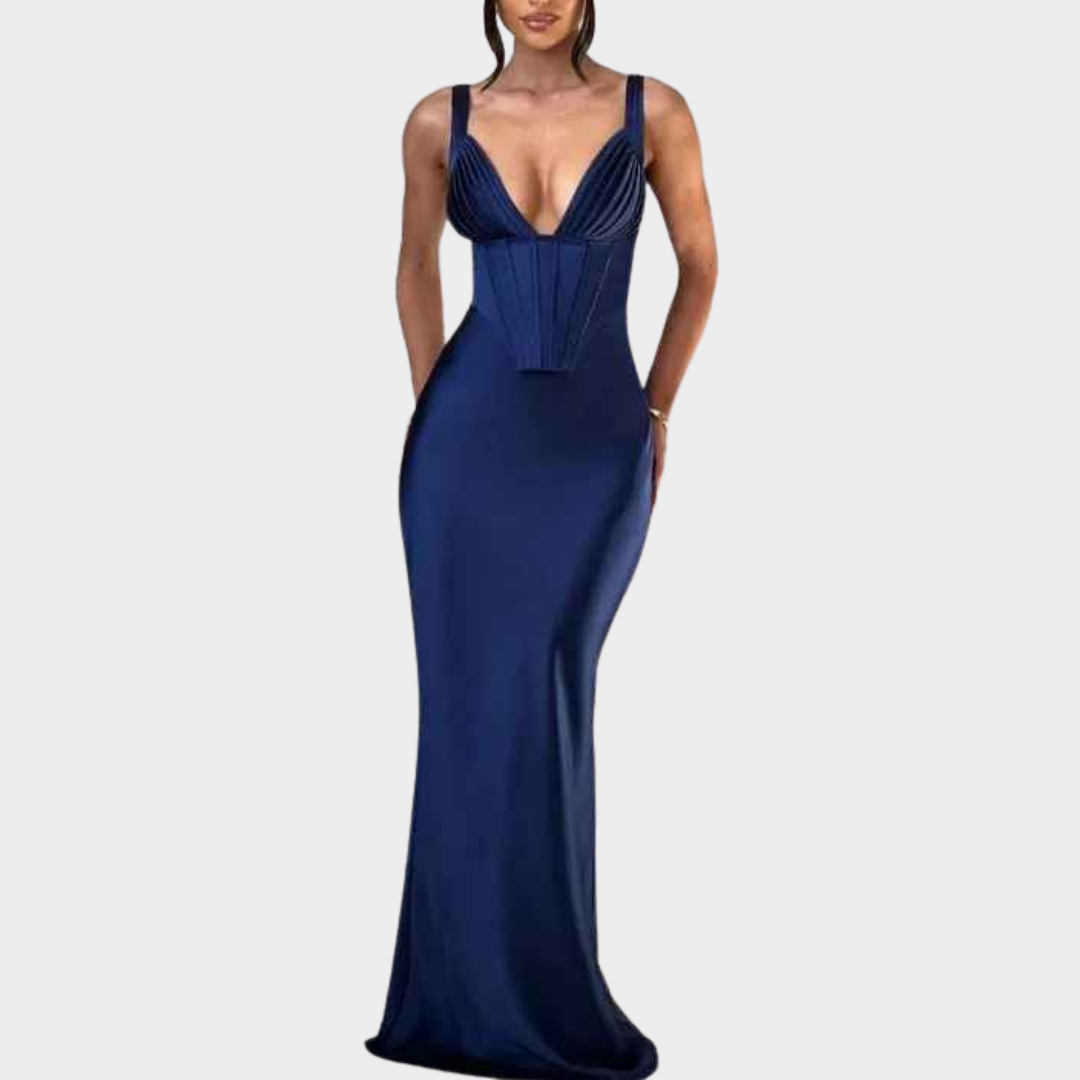 Women Corset Satin Mermaid Dress – Deep V Neck Backless Floor Length Bodycon Gown for Wedding Prom and Formal Evening – Multiple Colours