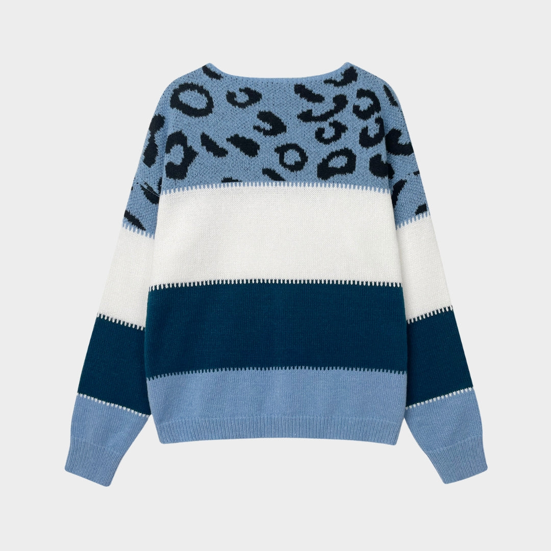 Cozy Casual Leopard Print Sweater - Women’s Boat Neck Knit, Semi-Elastic, Easy Care Polyester, Blue