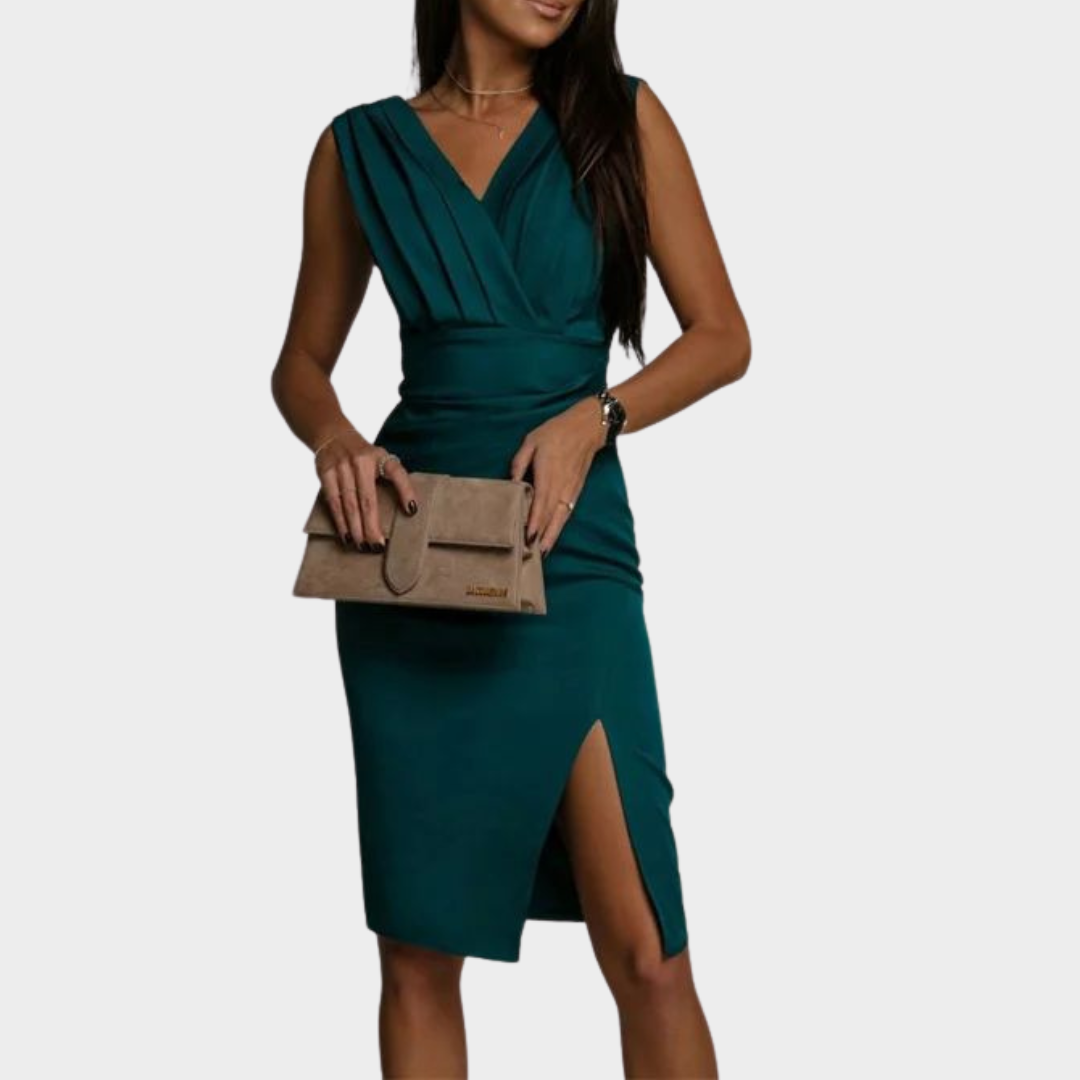 Women's V-Neck Slim Fit Dress – High Waist Pleated – Sleeveless Split Hem Gown – Elegant Evening Wear – Multiple Colours