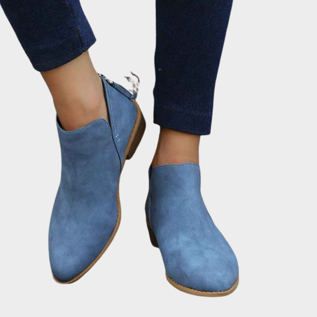 Women's Suede Ankle Boots - Pointed Toe Thick Heel Booties - Zipper Closure - Multiple Colours