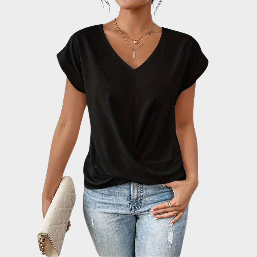 Women's V-Neck T-Shirt – Pleated Hem – Short Sleeve – Casual & Comfy – Soft Fabric – Multiple Colours