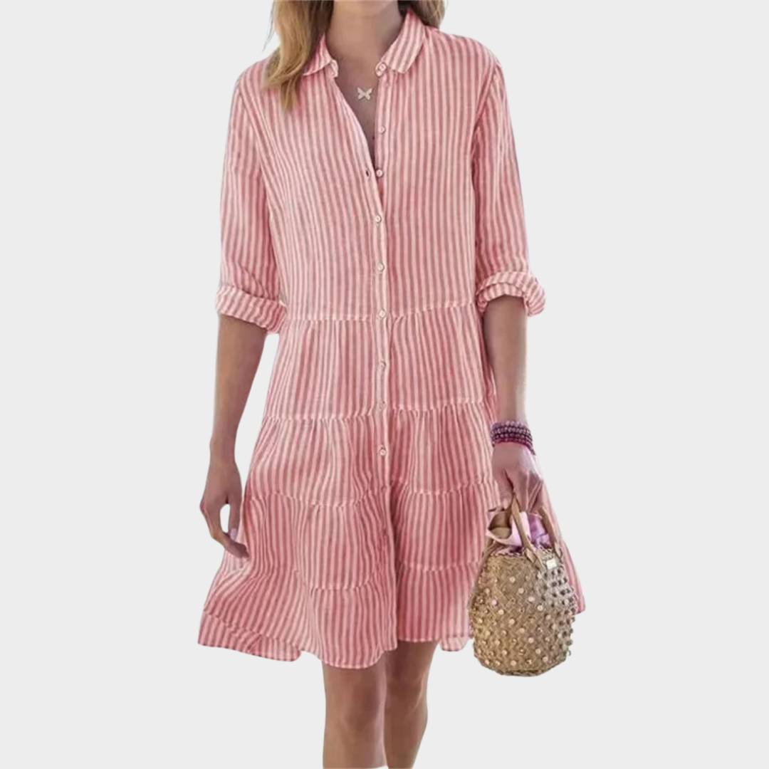 Women’s Long Sleeve Shirred Shirt Dress – Striped Lapel Design with Multi-Layer Patchwork Hem – Multiple Colours