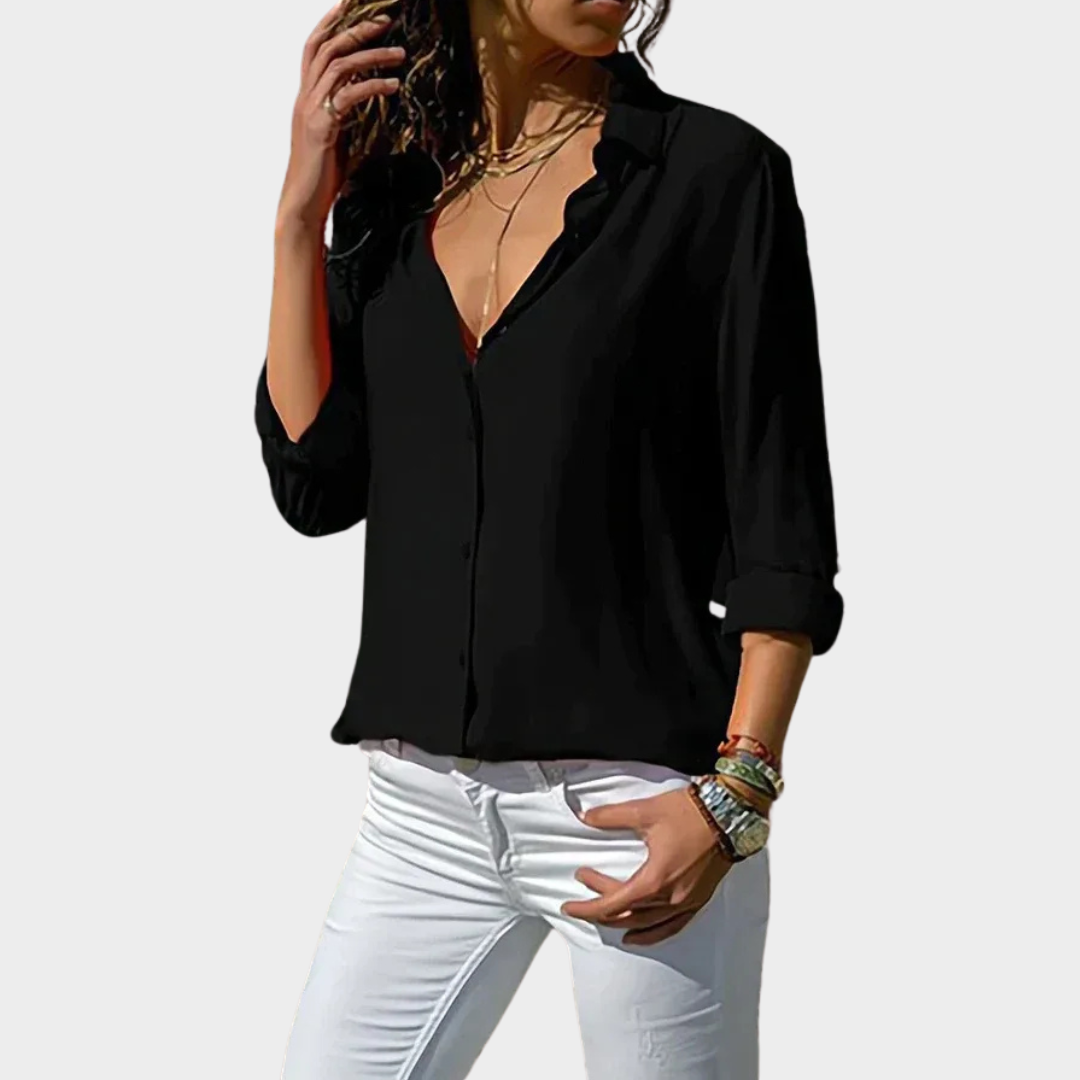 Women’s Long Sleeve Chiffon Blouse – Loose Fit V-Neck Tunic Style – Lightweight Office Wear with Elegant Draping – Multiple Colours