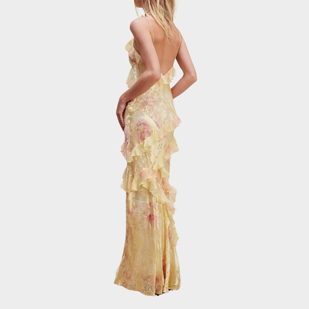 Women's V-Neck Ruffle Dress – Spaghetti Strap – Printed Patchwork – Multiple Colours