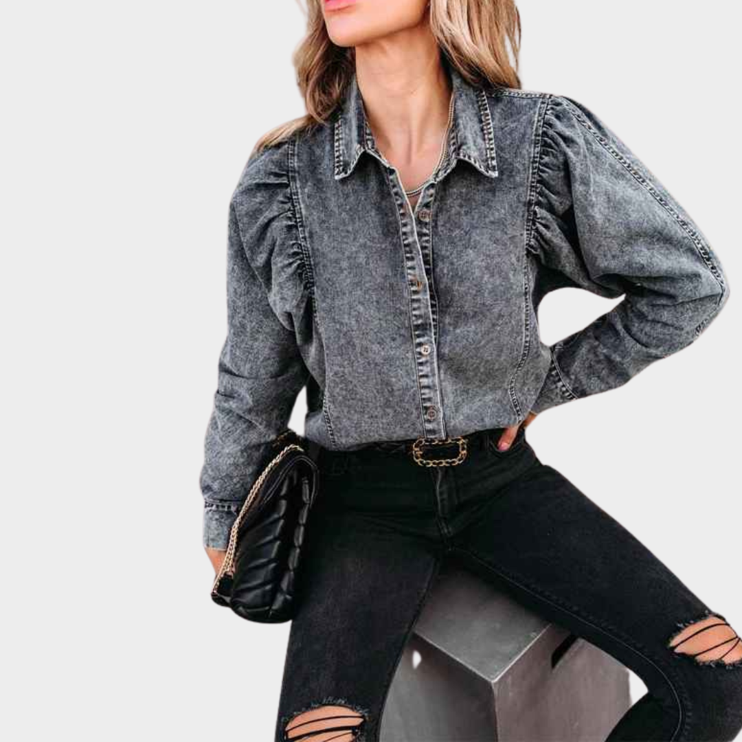 Women's Denim Blouse - Puff Long Sleeve Boho Shirt - Loose Fit Vintage Cotton Top - Multiple Colours
