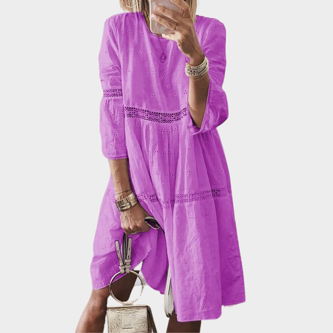Women's Lace Embroidered Knee-Length Dress – Hollow Splicing – Elegant Seven Sleeve Fit – Multiple Colours