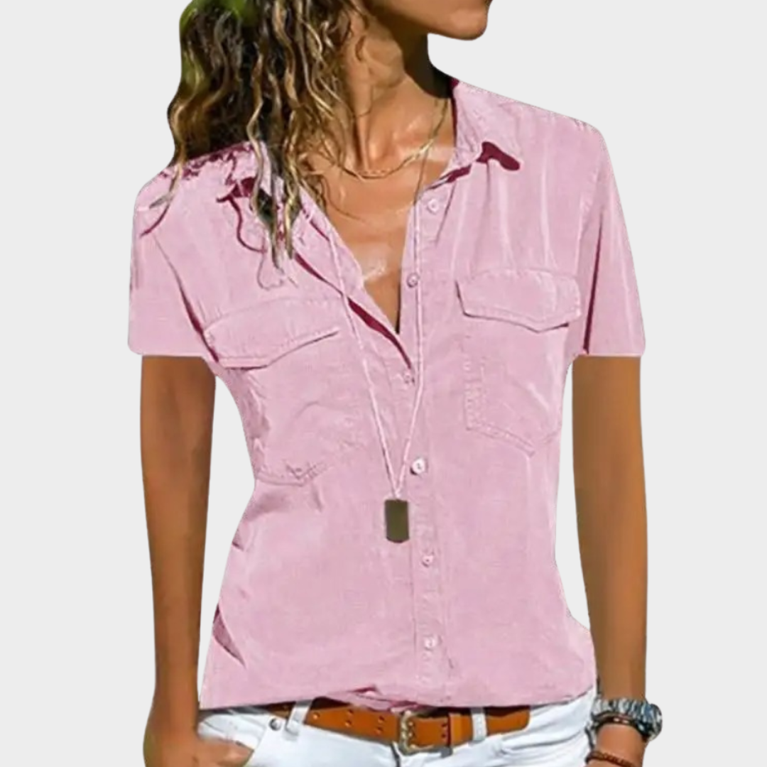 Women's Shirt – Casual Blouse – Short Sleeve – Turn-down Collar – Button Front – Pocket Detail – Multiple Colours